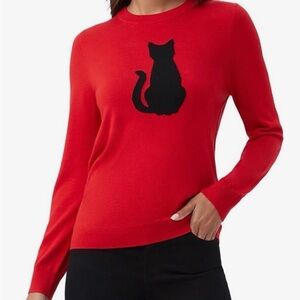 Trina Turk Vibrant Red Ziggy Sweater with Black Cat Motif
